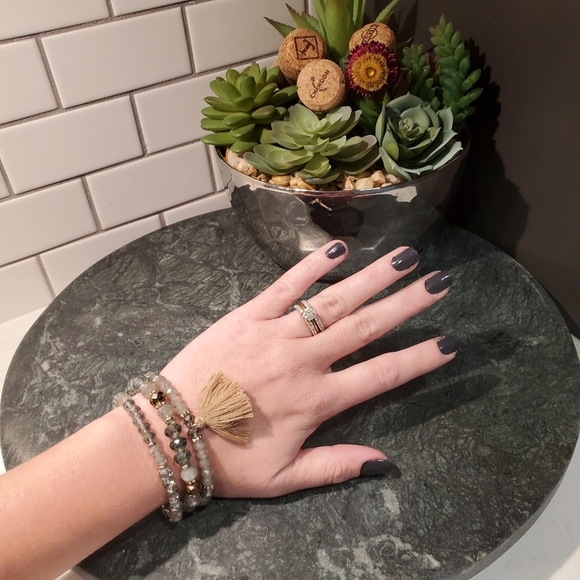 3 Beaded Bracelet Set Gray Shiny Glam Tassel Party - Picture 3 of 6